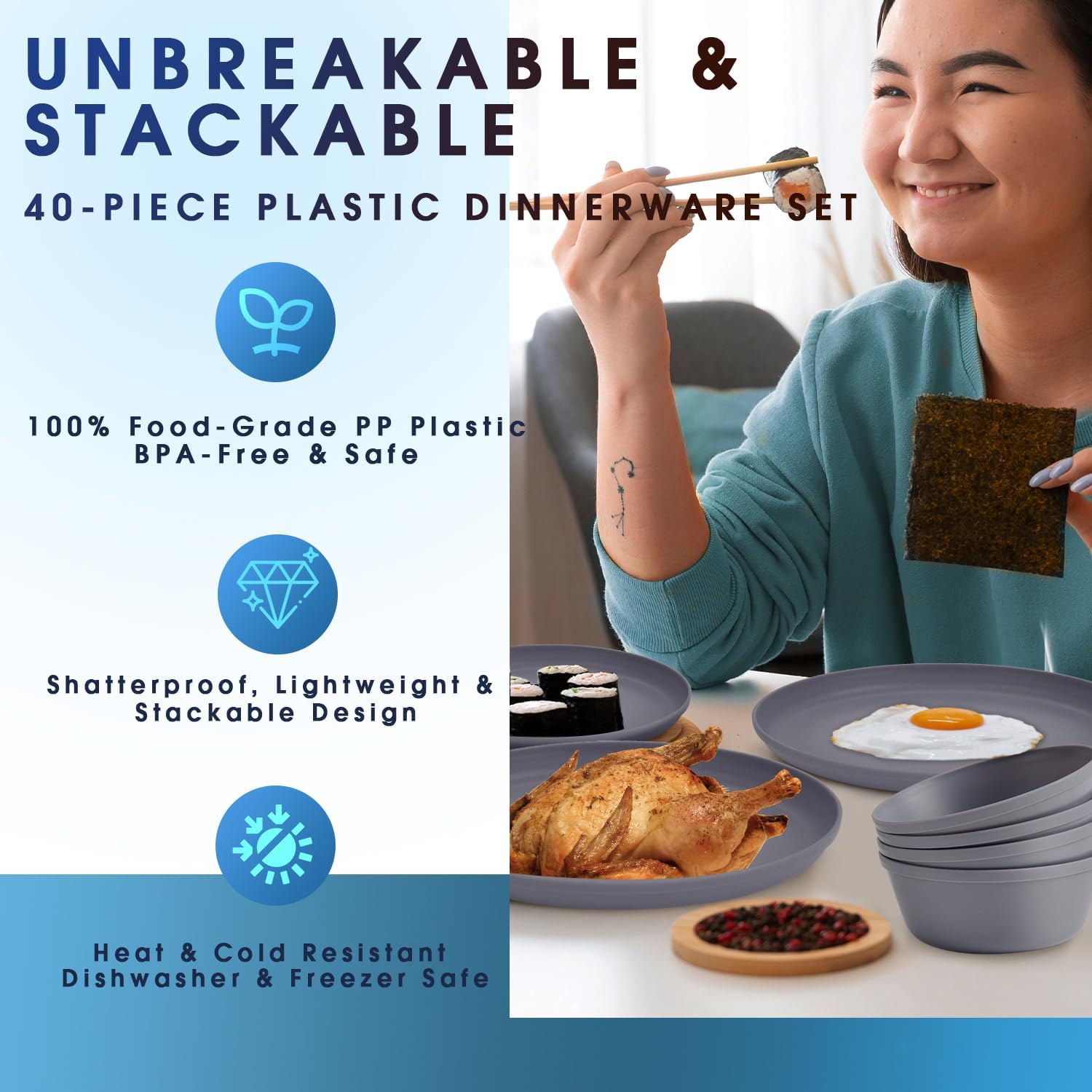 Gray Reusable Plastic Dinnerware - 40-Piece Set - Image 7
