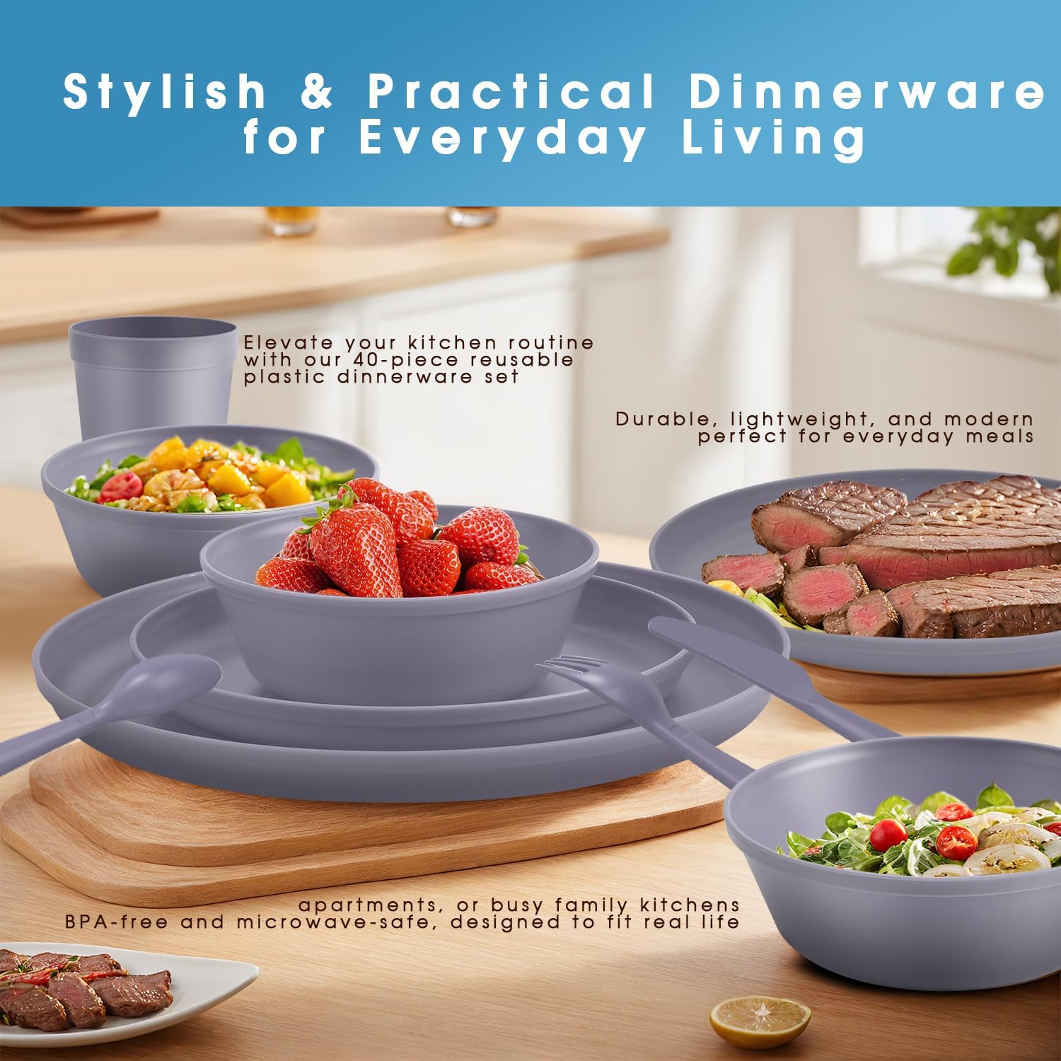 Gray Reusable Plastic Dinnerware - 40-Piece Set - Image 8