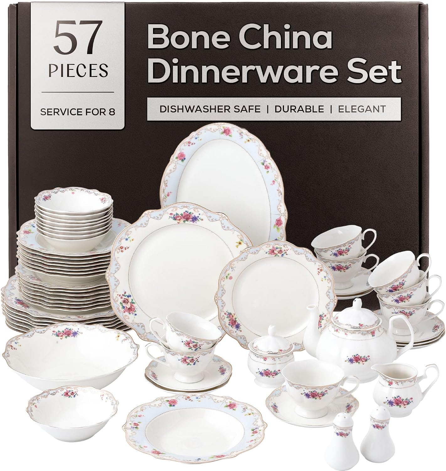 Floral Bone China Dinnerware Set - 57-Piece